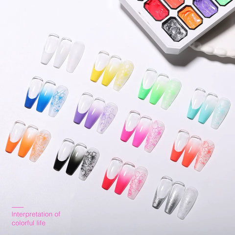All In One 12 Color Patting Gel Polish Kit with ombre swatches and UV LED curing for gradient nails.