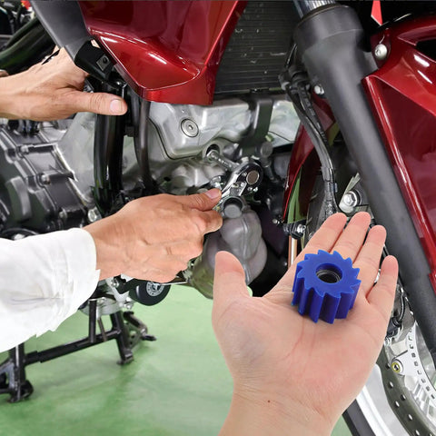 Heavy Duty Blue 10mm Dirt Bike Chain Tensioner Pulley For Off Road Motorcycle And Motorized Engine Guide Roller Smooth Ride Adjuster Kit, blue pulley in hand on motorcycle