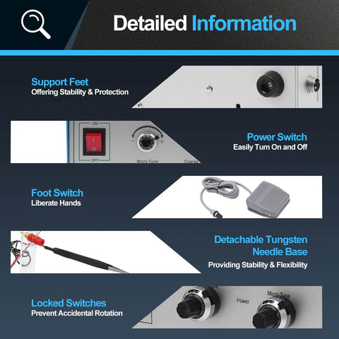 Features of Pro Grade 110V Portable Spot Welder Kit With Pedal Switch, highlighting components and controls for jewelry making.
