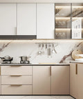 Modern kitchen with Champagne Bronze Cabinet Pulls 3 Inch Finger Pulls For Cabinets 30 Pack Aluminum Alloy Hardware on beige drawers.