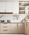 Modern kitchen with 5 Inch Cabinet Pulls 30 Pack Aluminum Alloy Finger Drawer Handles For Dresser And Cupboard With Edge To Edge Comfort Thick And Durable Dope Bronze Finish Easy Install on beige cabinets