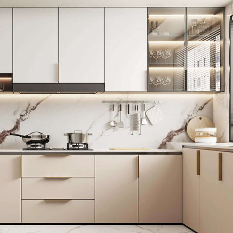 Modern kitchen with 5 Inch Cabinet Pulls 30 Pack Aluminum Alloy Finger Drawer Handles For Dresser And Cupboard With Edge To Edge Comfort Thick And Durable Dope Bronze Finish Easy Install on beige cabinets
