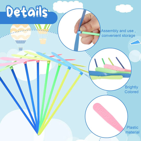 Flying Helicopter Toys Set With 50 Propellers And 50 Rods shown in bright colors with assembly instruction. Safe plastic fun.