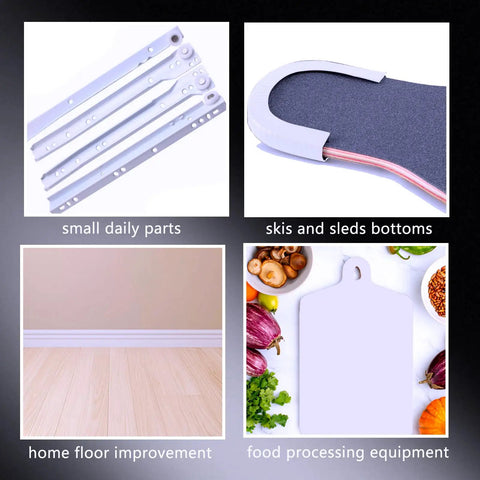 Collage showing uses for Two Pack High Density UPE Plastic Block 2 Inch Thick 6 Inch Long 3 Inch Wide for Machining and Engineering Projects