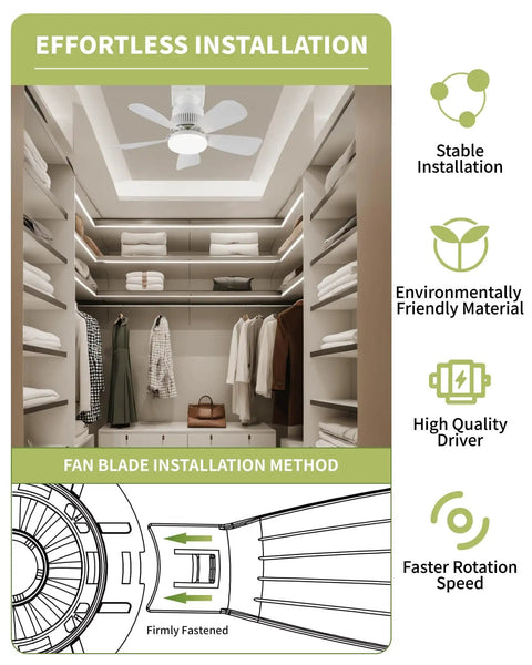 Remote Controlled Light Socket Ceiling Fan With Pairing Required For Garage Laundry Porch And Bedroom Screw In Fan And Light Combo 200 Percent Airflow Dimmable With Memory installed in a closet.