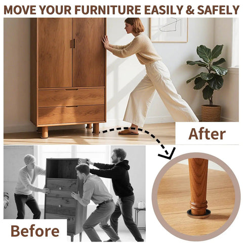 Round 3 Point 5 Inch Felt Furniture Sliders Set 12 Pcs Upgraded Groove Design Reusable Moving Pads For Heavy Beds And Couches On Hardwood Floors Easy Glide For Quick Move Your Stuff And Safe Transport Without Scratches shown underneath furniture for easy moving.