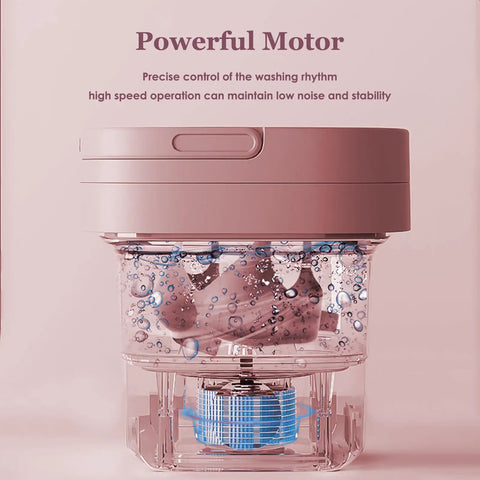 Tiny But Mighty Foldable Mini Washer Skip The Hand Wash Headache showing powerful motor with water and bubbles for efficient cleaning.