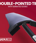 Heavy Duty All Steel Long Handle Garden Shovel For Digging And Landscaping with double-pointed serrated blade close-up.