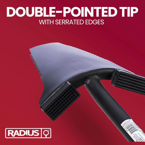 Heavy Duty All Steel Long Handle Garden Shovel For Digging And Landscaping with double-pointed serrated blade close-up.