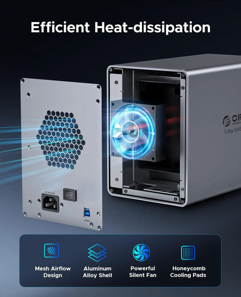 Heavy Duty Five Bay Hard Drive Enclosure USB 3.0 SATA External HDD Cage For 3.5 And 2.5 Inch SSD Supports Up To 110TB showing efficient heat dissipation design.