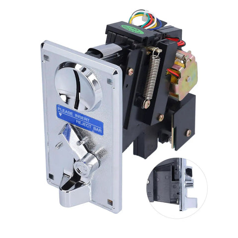 Top Tier Generic Electronic Selector For Game Vending Machines In Cool Silver Gray. Side view showing coin mechanism and wiring.