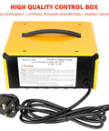 Heavy Duty Electrostatic Powder Coating Gun Kit w/ Control Panel & Pump showing control box with warning labels and power cord.