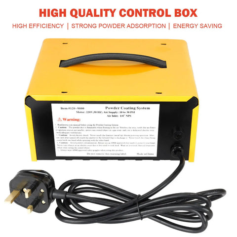 Heavy Duty Electrostatic Powder Coating Gun Kit w/ Control Panel & Pump showing control box with warning labels and power cord.