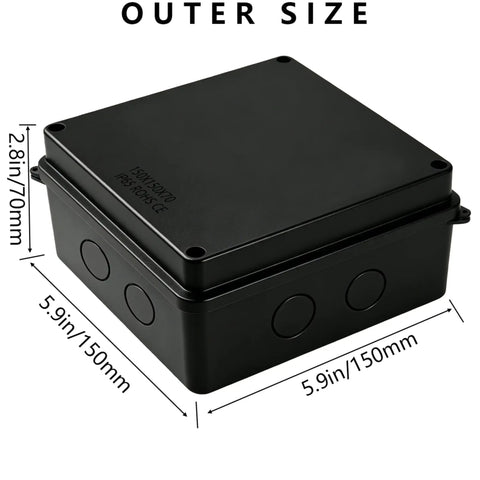 Rugged Outdoor Junction Box IP65 Weatherproof ABS Project Case With Two M24 Cable Glands Dustproof Black Electronics Enclosure For Outdoor Use Built To Last Electrical Housing For Outdoor Equipment 5.9 By 5.9 By 2.8 Inches, outer size view