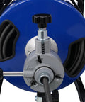 Heavy Duty Electric Drain Auger With 60 Foot Cable and Half Inch Pipe Snake, showing blue housing and cable details.
