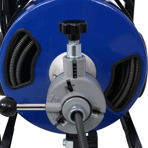 Heavy Duty Electric Drain Auger With 60 Foot Cable and Half Inch Pipe Snake, showing blue housing and cable details.