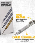 Professional Tungsten Carbide Scriber 2 Pack With Brass Automatic Center Punch For Precision Etching And Engraving showing knurled aluminum pen-style handle and pocket clip.