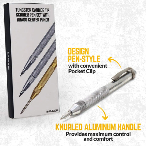 Professional Tungsten Carbide Scriber 2 Pack With Brass Automatic Center Punch For Precision Etching And Engraving showing knurled aluminum pen-style handle and pocket clip.