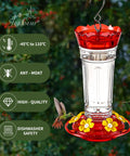 Outdoor Hummingbird Feeder 18 Oz with 6 Bee Guard Ports, built-in Ant Moat, hanging in garden with two hummingbirds