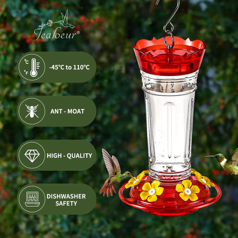 Outdoor Hummingbird Feeder 18 Oz with 6 Bee Guard Ports, built-in Ant Moat, hanging in garden with two hummingbirds