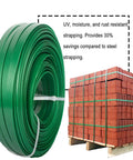 Built Like A Tank Rock Solid Polyester Strapping Half Inch By Three Twenty Feet Roll Offering Seventeen Sixty Five Pound Pull Power With One Hundred Steel Seals For Easy Outdoor Tying Work with green polyester strap and pallet of bricks.