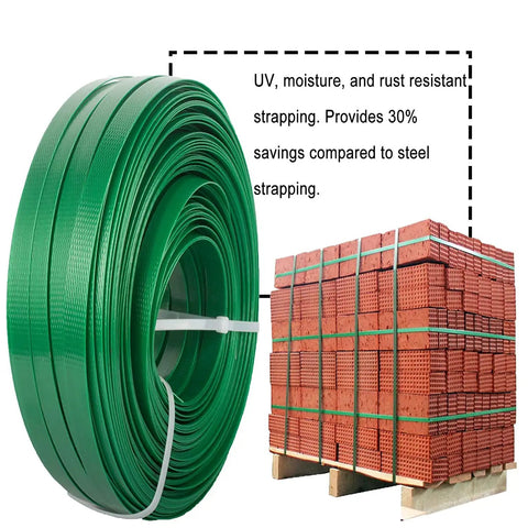 Built Like A Tank Rock Solid Polyester Strapping Half Inch By Three Twenty Feet Roll Offering Seventeen Sixty Five Pound Pull Power With One Hundred Steel Seals For Easy Outdoor Tying Work with green polyester strap and pallet of bricks.