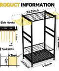 Diagram of Heavy Duty Garden Tool Organizer Rack With 48 Long Handled Tool Slots And Side Hooks For Rakes Shovels Brooms And Other T Handle Tools Space Saving Steel Outdoor Yard Tool Holder For Garage Or Shed showcasing dimensions and features.