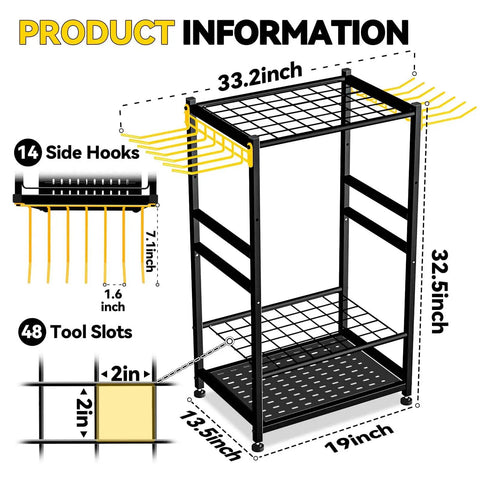 Diagram of Heavy Duty Garden Tool Organizer Rack With 48 Long Handled Tool Slots And Side Hooks For Rakes Shovels Brooms And Other T Handle Tools Space Saving Steel Outdoor Yard Tool Holder For Garage Or Shed showcasing dimensions and features.