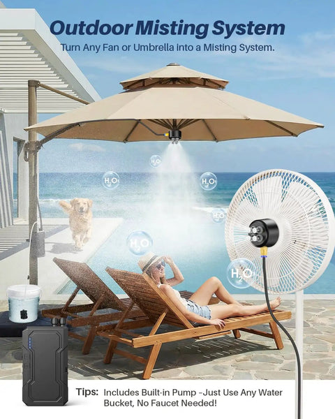 Image of the Magnetic Portable Misting System with Rechargeable 6000mAh Pump in use under an umbrella on a patio by the beach.