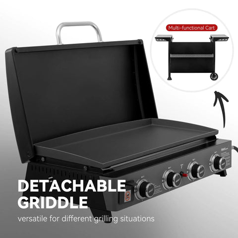 PD4001 4 Burner Propane Gas Griddle With Removable Cart That Converts To Tabletop In Seconds, black griddle and cart