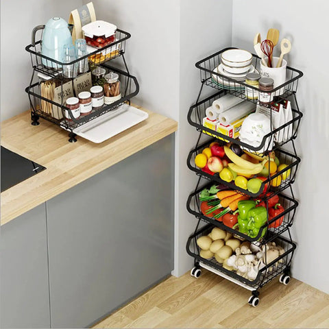 Five Tier Built Tough Metal Wire Rolling Cart Stackable Produce Basket With Smooth Gliding Casters Rust Resistant Black Finish Maximum Airflow Holds Up To 180 Pounds Quick Swap Trays For Kitchen Pantry Closet