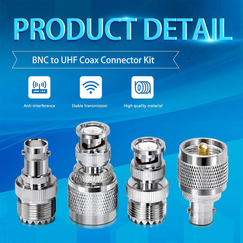4 Pack UHF PL259 To BNC Coax Connector Kit with gold and nickel adapters for CB radio antennas and extension cables, product detail.