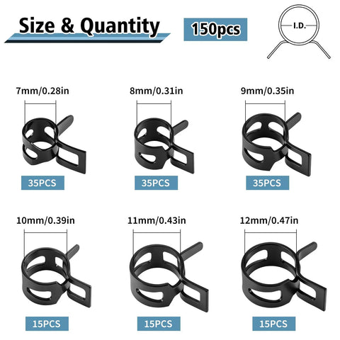 150 Piece Spring Band Hose Clamp Kit With 6 Sizes 7mm To 12mm Organized Storage Case Fuel Line And Vacuum Hose Clamps