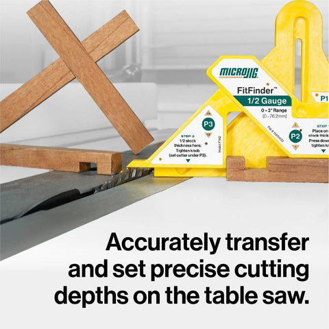 FitFinder Half Inch Gauge Wood Center Point Finder for Table Saw setup with wooden blocks and blade in focus.