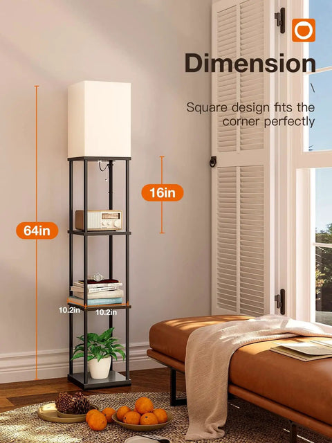 Floor Lamp With Shelves 4 Tier Storage Modern Shelf Floor Lamp With LED Bulb in corner with books and plants, 64in tall