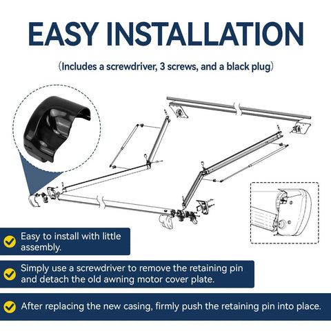 Essential RV Awning Motor Cover Kit Replacing Carefree R001785006 For Latitude Arm Hardware Parts Protection Ends Caps installation diagram
