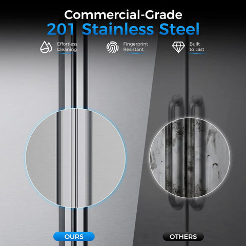 Close-up of 201 Stainless Steel finish comparison showing the clean surface of No Hassle 72 Inch Three Door Commercial Refrigerator.