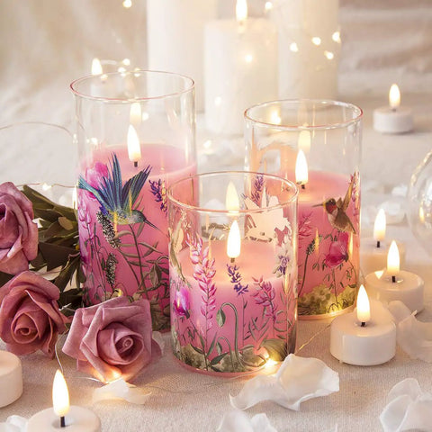 Pink Hummingbird Floral Glass Flameless Candles With Remote Timer Flickering Battery LED Pillar Candles Set Of 3 amidst roses