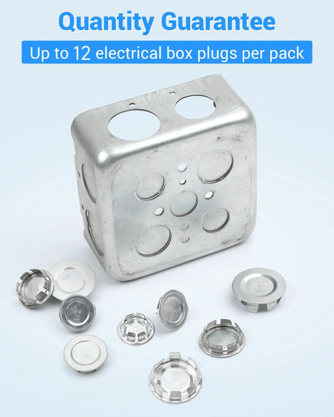 Heavy Duty 12 Pack 1 Inch Knockout Plugs Secure Electrical Box Seals Block Dust And Moisture Intrusion Built Tight Weather Proof Conduit Covers Job Site Tough with silver plugs and steel box.