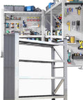 Heavy Duty Garage Shelving Workhorse With Adjustable Steel Shelves And Built In Pegboard System, 78 inch tall stainless steel rack for tool organization.
