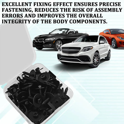 Hot Rod Ready M4.2 Fender Liner Screw Bolts And U Nut Clips For Garage Upgrade Universal Hex Head Fastener Set For Engine Splash Shield Bumper Radiator And Hood 25 Piece Pack in a clear container with black screws.