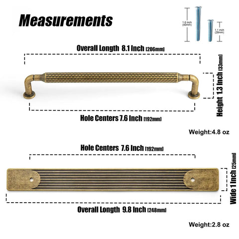 Antique Brass Cabinet Pulls With Backplates, Solid Zinc Alloy Kitchen Drawer Hardware, 7.6 Inch Hole Center, 2 Pack measurements