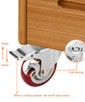 PRITEK 5-inch swivel caster wheel with brake; red rubber wheel on metal mounting plate installed under wood furniture
