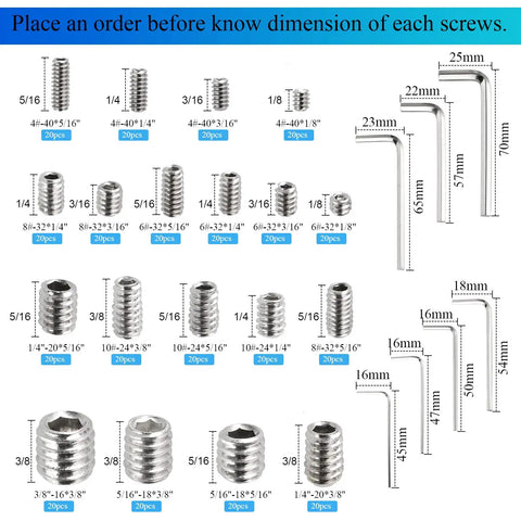 380 Piece 19 Size 304 Stainless Steel Hex Socket Cup Point Set Screw Assortment With Seven Allen Keys And Tough As Nails Vibration Resistant Build For Rock Solid Heavy Duty Setup