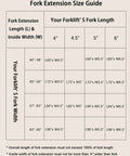 DEXSO fork extensions size guide chart showing 72-in length and 5.5-in width for pallet forklift extensions