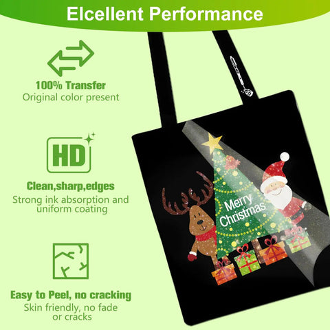 Colorful Glitter DTF Transfer Film Set Eight Point Five By Eleven Inches 30 Sheets showing Merry Christmas design on a bag.