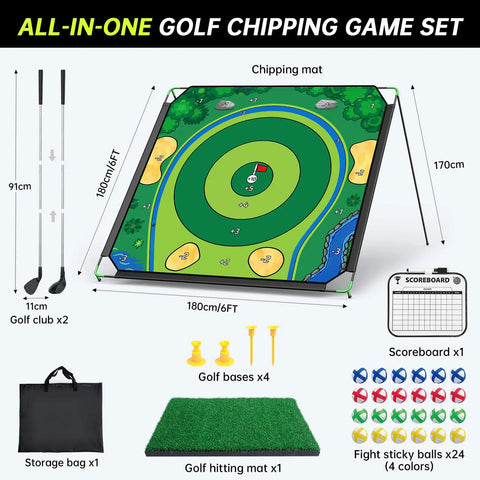 Massive 6x6 Foot Golf Chipping Game Set With Adjustable Practice Clubs Indoor Outdoor Mat 24 Sticky Balls Tees Scoreboard And Carry Bag displayed