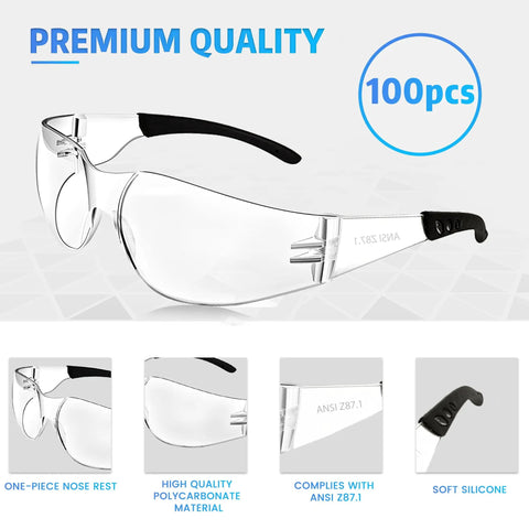 Massive Bulk Pack Clear Safety Glasses For Adults With Ansi Z87.1 Certification, high quality polycarbonate, 100 pieces.