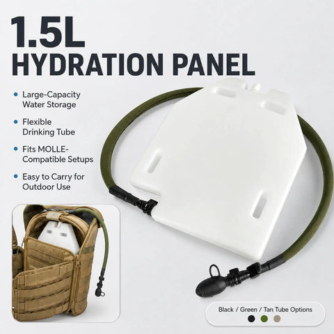 1.5L hydration panel with flexible tube, MOLLE-compatible for outdoor use, fits inside pack. 50oz Hydration Bladder Water Reservoir.