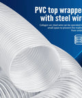 Heavy PVC 4 Inch By 50 Foot Clear Dust Collection Hose With Flexible Debris And Fume Flow and Steel Clamps, Coiled and Detailed